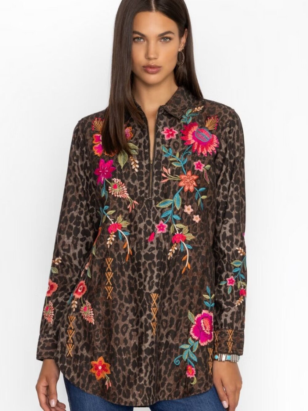 Johnny Was Workshop Nylah Embroidered Animal Print Tunic Shirt - Woman's Size S